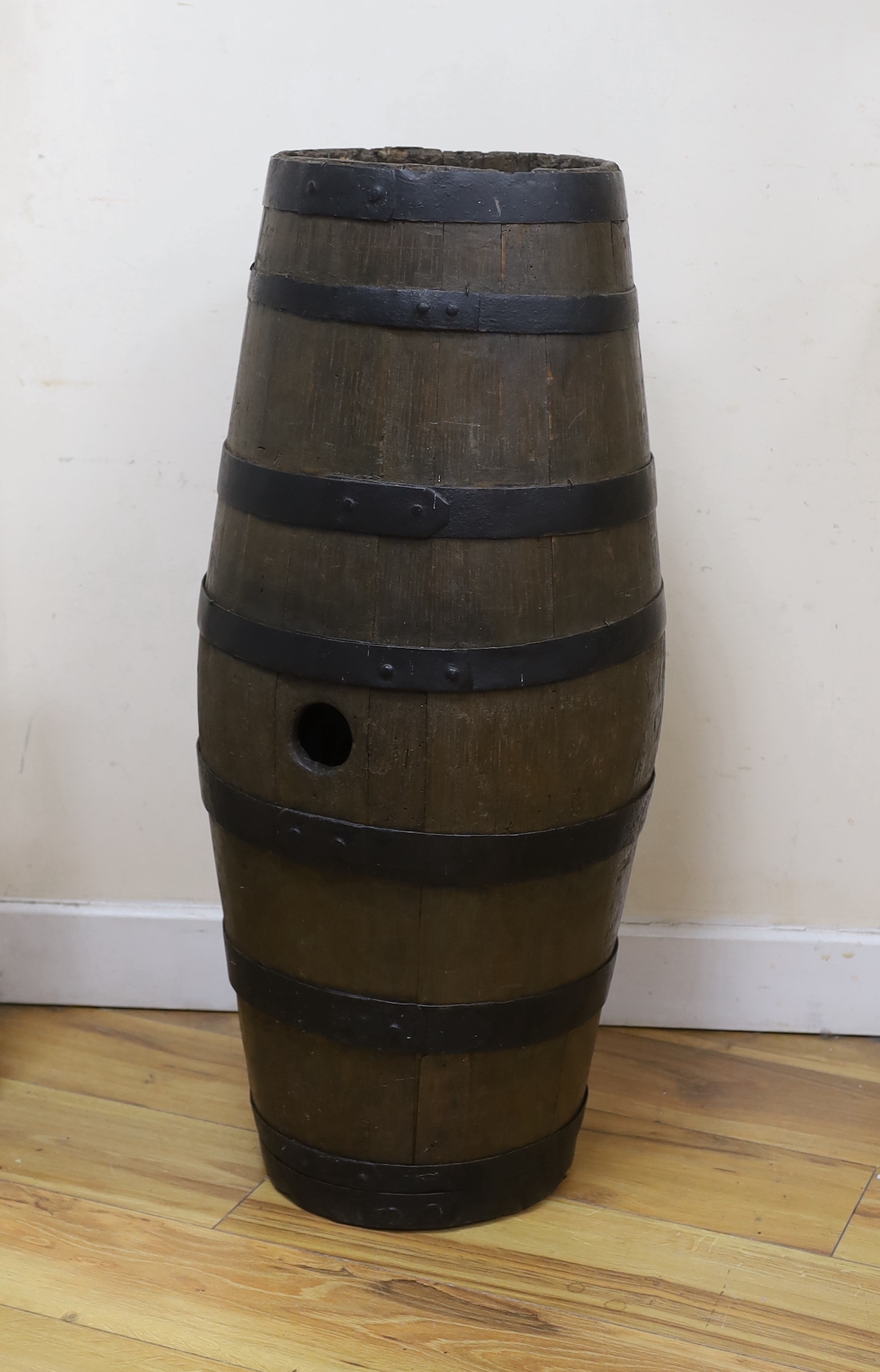 A French iron bound wine barrel, 79cm high